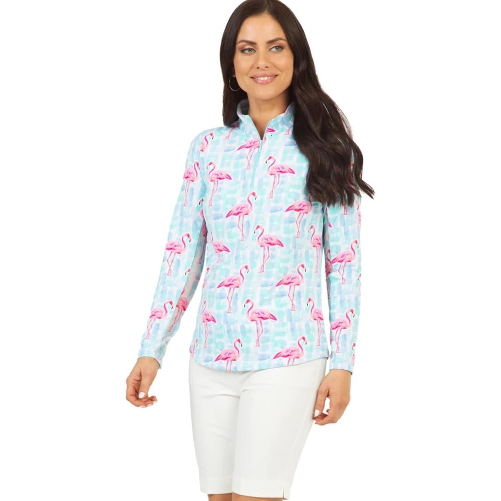 IBKUL Golf Ladies Elsa Long Sleeve Mock Flamingo